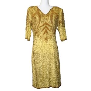 VINTAGE 100% SILK GLAM BEADED PARTY/COCKTAIL TWO TONE GOLD OPEN BACK FANCY DRESS
